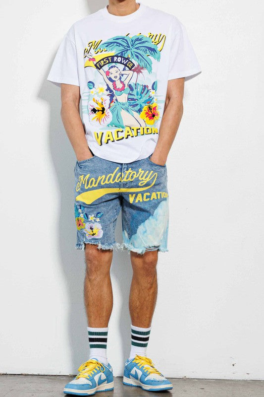 TROPICAL VACATION GRAPHIC DENIM SHORTS
