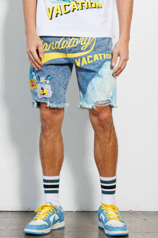 TROPICAL VACATION GRAPHIC DENIM SHORTS