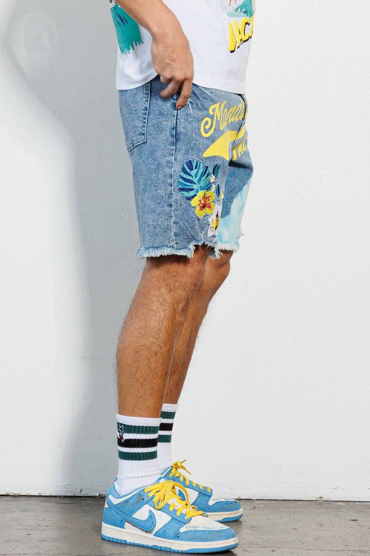 TROPICAL VACATION GRAPHIC DENIM SHORTS